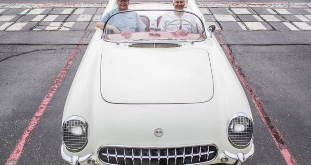 Dick Webber, right, of Bowling Green, and Scott Rogers of North Aurora, Ill., pose for a photo in the 1954 Corvette which formerly belonged to Weber and currently is owned by Rogers on Monday, June 27, 2016, at the Corvette Museum. (Austin Anthony/photo@bgdailynews.com)