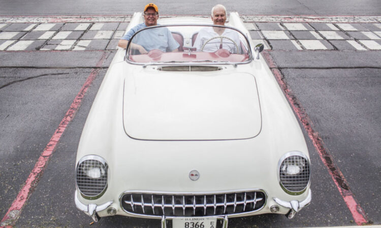 Dick Webber, Right, Of Bowling Green, And Scott Rogers Of North Aurora, Ill., Pose For A Photo In The 1954 Corvette Which Formerly Belonged To Weber And Currently Is Owned By Rogers On Monday, June 27, 2016, At The Corvette Museum. (Austin Anthony/photo@bgdailynews.com)