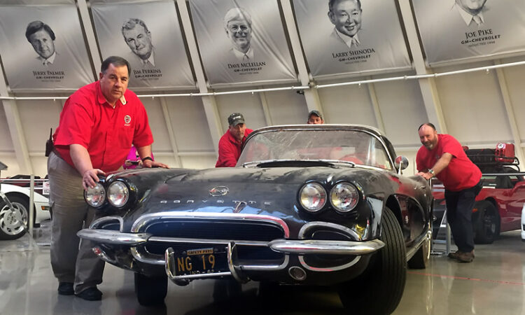 The 1962 “sinkhole” Corvette Being Moved From Display In The Skydome To A Museum Garage Bay Where It Will Undergo Restoration.