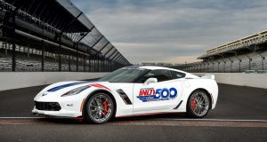The 2017 Chevrolet Corvette Grand Sport Indianapolis 500 Pace Car at Indianapolis Motor Speedway in Indianapolis, Indiana. The Corvette Grand Sport will pace the field at the start of the Verizon IndyCar Series Indianapolis 500 race on Sunday, May 28, 2017. (Photo by Chris Owens/IMS for Chevy Racing)