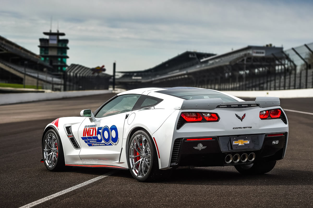 The 2017 Chevrolet Corvette Grand Sport Indianapolis 500 Pace Car at Indianapolis Motor Speedway in Indianapolis, Indiana. The Corvette Grand Sport will pace the field at the start of the Verizon IndyCar Series Indianapolis 500 race on Sunday, May 28, 2017. (Photo by Chris Owens/IMS for Chevy Racing)