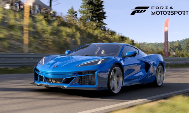 Driver’s Side Front 3/4 View Of 2024 Chevrolet Corvette E-Ray In Riptide Blue Driving On A Road In Forza Motorsport.