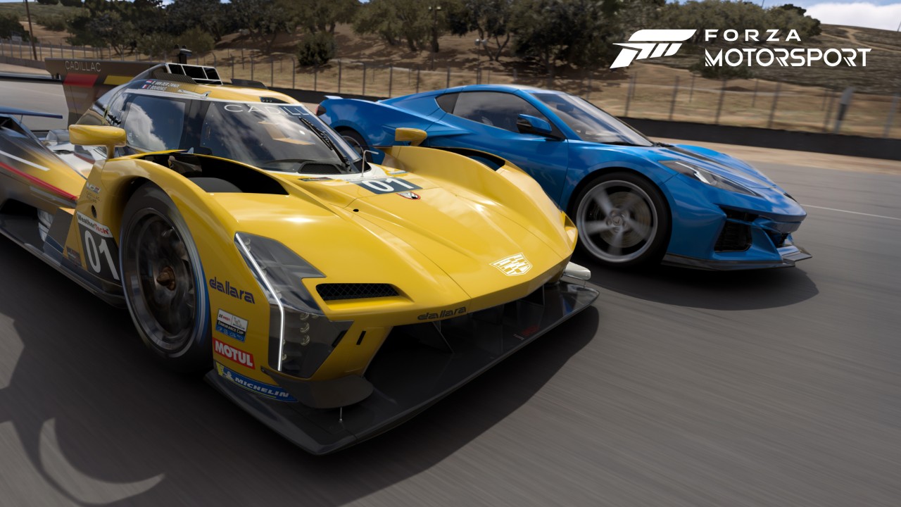 Front 3/4 view of a 2023 Cadillac V-Series.R and a 2024 Chevrolet Corvette E-Ray driving side-by-side on a track in Forza Motorsport.